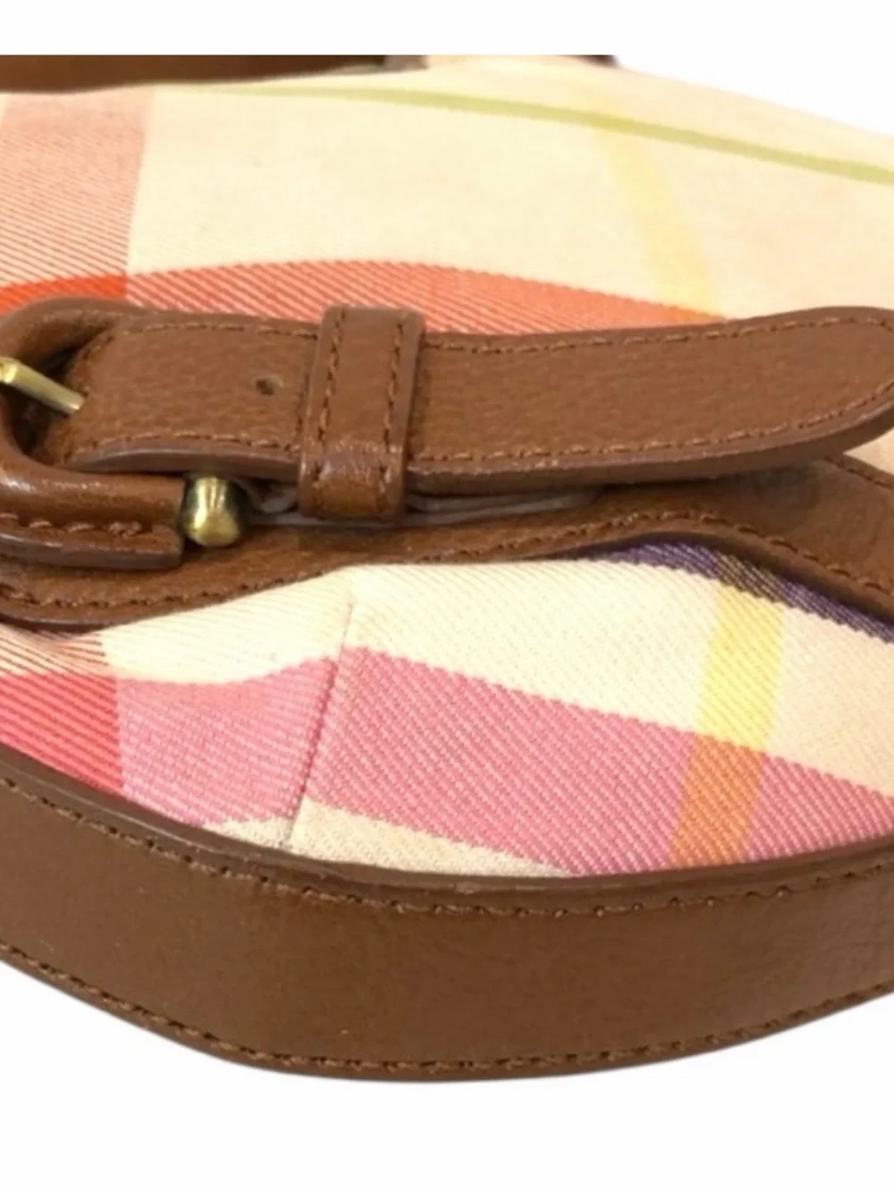 Burberry Pastel Plaid Canvas Shoulder Bag with Brown Leather Trim